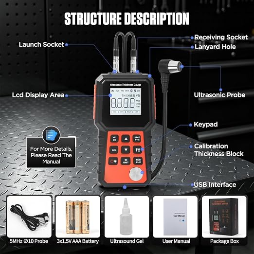 Ultrasonic Thickness Gauge, Range 0.04"-15.75" (1-400mm), for Metal (Steel, Aluminum, Copper), Plastic, Glass, 2.4" LCD, Sound Vel. Cal., Industrial Metal Thickness Tester with Couplant