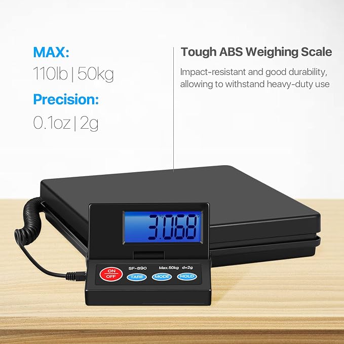 Flexzion USPS Shipping Scale for Package, Heavy-Duty Digital Shipping Postal Scale with Wall-Mounted LCD 110Lbs/50KG Max Capacity - Precision Weighing Box Scale with Tare & Hold Features
