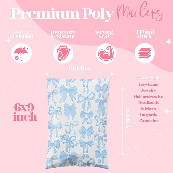 Pretty Package Store 6x9 Designer Poly Mailer 100 Pack Heavy Duty Waterproof Self Seal Shipping Bags for Small Business Large Mailing Envelopes Bulk Tear Resistant Packaging Blue Bows