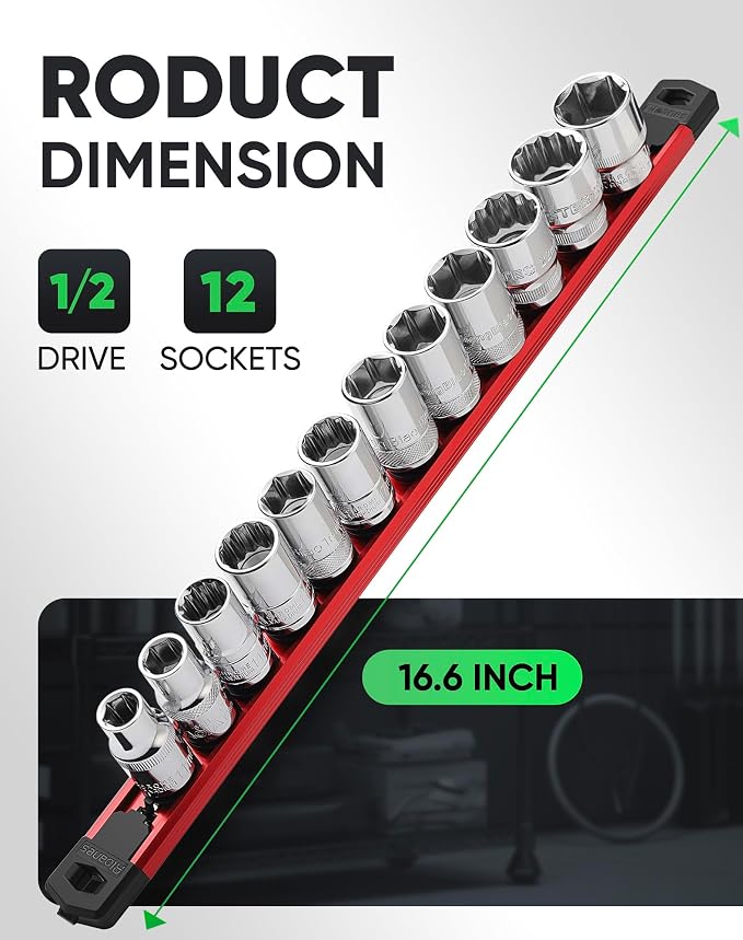 ALOANES Magnetic Socket Organizer Set, 1/2-Inch Drive Heavy Duty Aluminum Socket Rail Organizer, 360° Swivel Clips Socket Holder Kit for Toolbox Drawer Fit 1/2-Inch x 12 Clips (Red, 1PC)