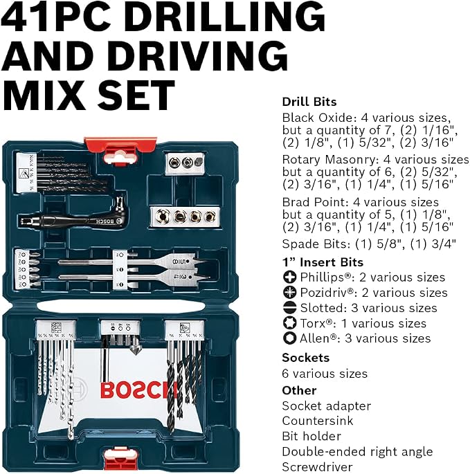 BOSCH CLPK22-120 12V Max Cordless 2-Tool 3/8 in. Drill/Driver and 1/4 in. Impact Driver Combo Kit with 2 Batteries, Charger and Case & Bosch MS4041 41-Piece Drill and Drive Bit Set