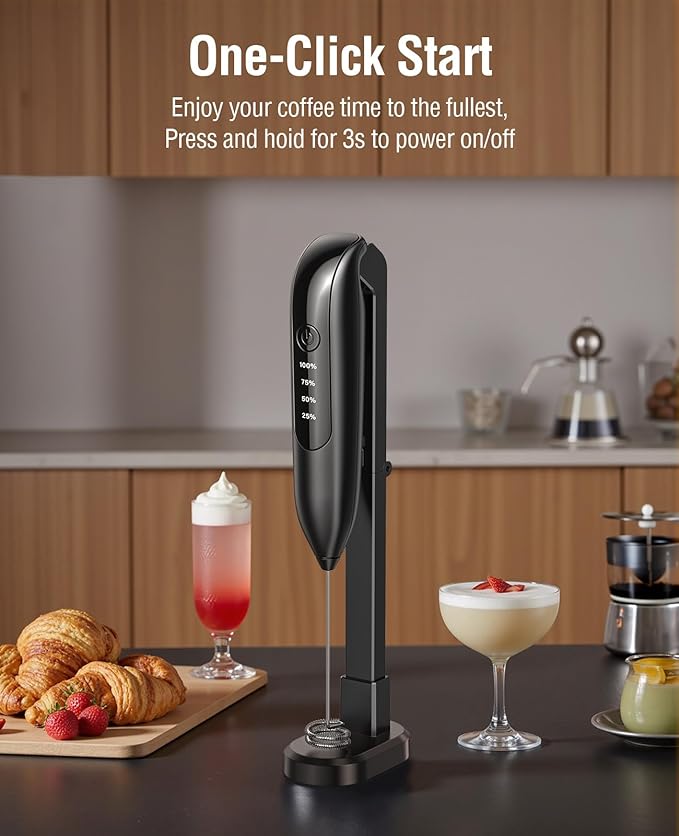 Dynooper Electric Milk Frother Handheld: Rechargeable 3 in 1 - LED Digital Display with 3 Speeds Portable Stainless Steel Drink Foam Mixer for Milk Coffee, Lattes, Valentine's Day gifts - Onyx Black