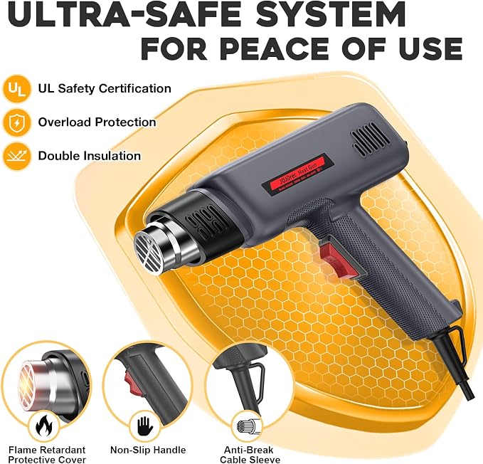 Heat Gun, 1800W Professional Hot Air Gun 400℃ & 600℃ Dual-Temperature Settings, Overload Protection, Double Heating Wire Fast Heating, 6 Accessories for Paint Stripping, Crafts (Black)