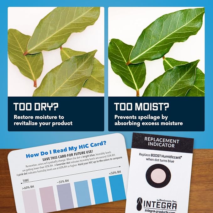 Integra Boost 62% RH, 2 Way Humidity Control Packs – 8g Size for Storing Up to 1oz – Pack of 6 Moisture Absorbers for Small Jars & Containers – Humidifier Packets for Herbs & Spices in Resealable Bag