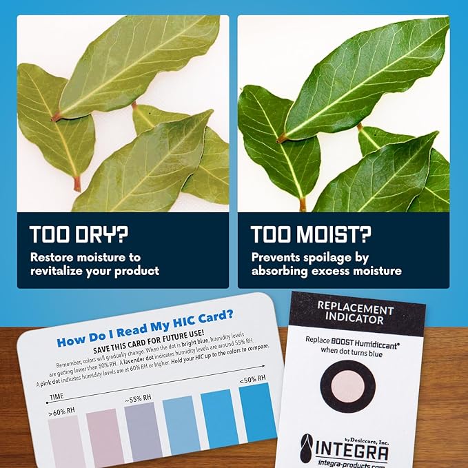 Integra Boost 62% RH, 2 Way Humidity Control Packs – 8g Size for Storing 1 oz – Pack of 50 Moisture Absorbers for Small Jars & Containers – Humidifier Packets for Herbs & Spices & Food Storage