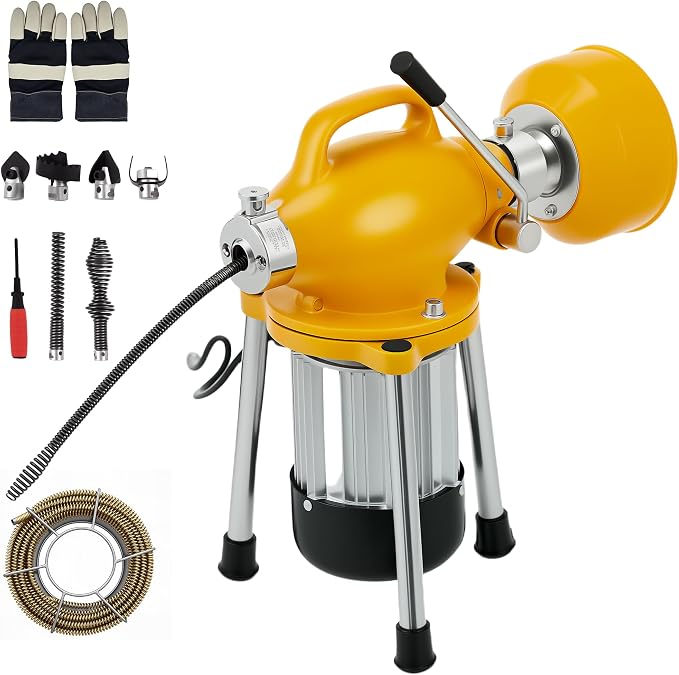 Portable Drain Cleaning Machine, 500w Auto Feed Electric Drain Cleaner Machine Auger Sewer Snake with 66 FT x 5/8" & 16 FT x 3/5" Steel Cables & 6 Cutters for Kitchen Bathroom 1.6"-4" Pipes