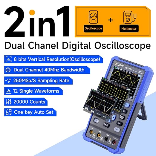 OWON Digital Handheld Oscilloscope Multiumeter 2 in 1,2 Channels, 40MHz Bandwidth, 250MS/s Sample Rate, 3.5" LCD Multiumeter Signal Generator Digital Oscilloscope Multimeter,Lab Oscilloscope HDS242