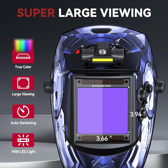 ARCCAPTAIN Large View 3.94" x 3.66" True Color Auto Darkening Welding Helmet with Light, Solar Powered Welding Hood, 4 Arc Sensor Wide Shade 4/5-9/9-13 for Stick MIG TIG Cut, ST