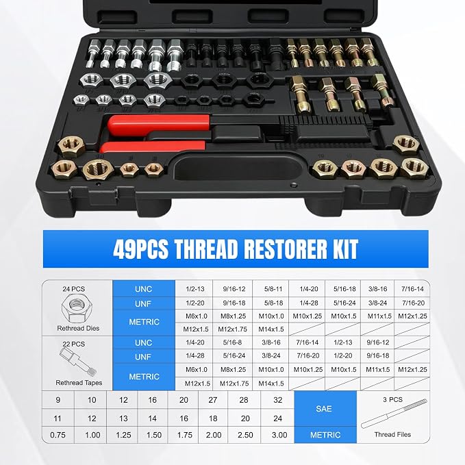 Nilight 49PCS Thread Chaser Set SAE Metric Master Thread Repair Kit with Case 22 Taps 24 Dies 3 Thread Files Universal UNC UNF Sizes Automotive Tool for Mechanics Auto Shops Home Garage Repair