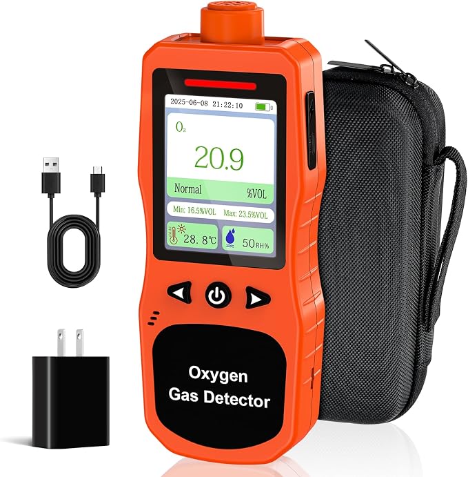 Portable Oxygen Detector 0-30%, Rechargeable O2 Monitor with Sound, Light, Vibration Alarms, Oxygen Air Quality Meter Measures Temperature & Humidity for Indoor Outdoor Use