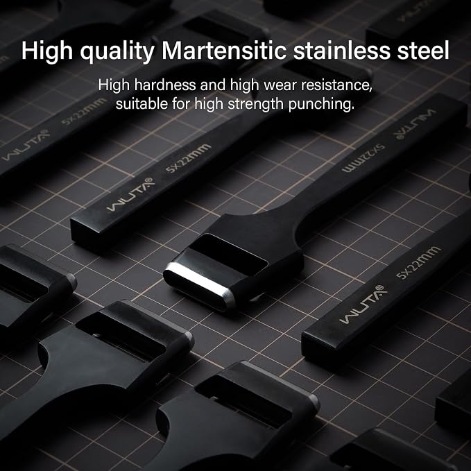WUTA 6 Pcs Leather Belt Hole Puncher Oval Cutter Strap Watch Band Flat Punches Heavy Duty Oblong Tools for Leathercrafting (4 * 5+4 * 6+5 * 8+5 * 25+4mm Round+3.5mm Round)