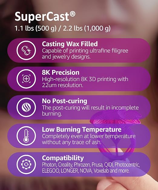 SuperCast 8K 3D Printer Resin Wax Filled for Ultrafine Filigree, Jewelry, and Metal Casting, Made in Korea by 3DMaterials (500g)