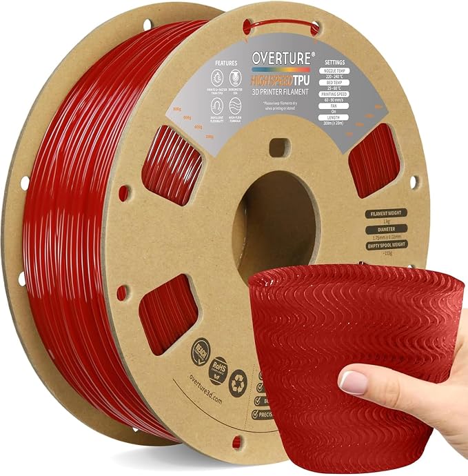 OVERTURE High Speed TPU 95A Flexible 3D Printer Filament 1.75mm | High Elasticity & Durability Filament,1kg Spool(2.2lbs),Fit Most FDM Printer(HS TPU Translucent Red)
