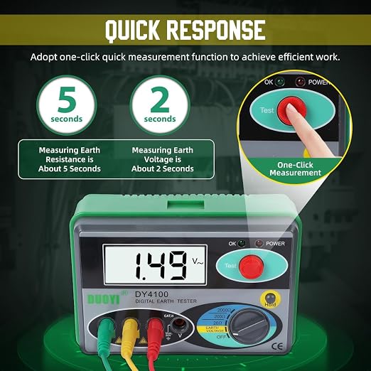 DUOYI Digital Earth Ground Resistance Tester,0-2000 ohm Meter Earth Resistance Tester,Overload Protection AC Ground Voltage Meter with 6Pcs 1.5V Battery,Tool Bag