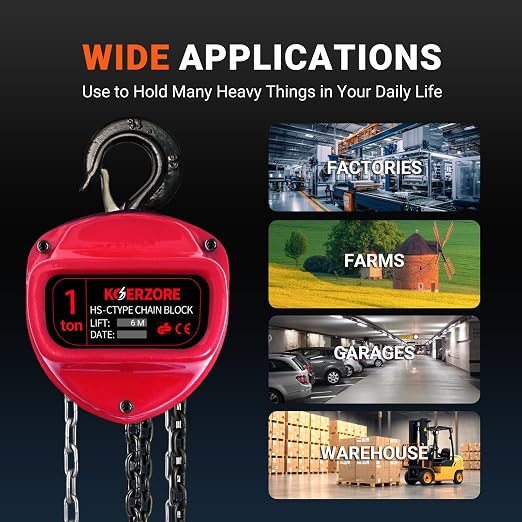 1 Ton Hand Chain Hoist 2200 Lbs Capacity 20ft Lift Manual Come Along Winch with G80 Steel Chain & Dual Hooks for Engine Lift, Warehouses, Automotive, Machinery