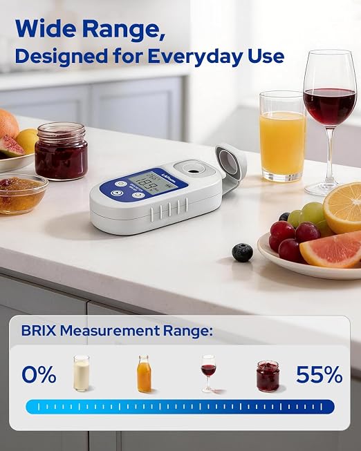 Digital Refractometer Range 0-55 BM101 Brix Refractometer ±0.2% Accuracy with ATC, IP65 Brix Meter for Juice, Wine Making & Coffee