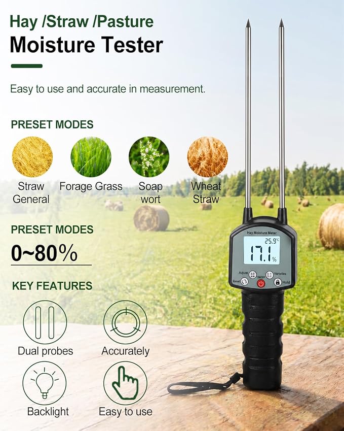 TK100H Hay Moisture Tester, High Accuracy Hay Moisture Meter, Bale Moisture Tester with Long Probe, Portable Bale Moisture Meter for Hay Bales, Forage Grass, Alfalfa, Orchard Grass and Other Hays