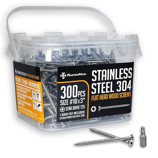 304 Stainless Steel Deck Screws, #10 x 3, 300 PCS | Torx Flat Head Type 17 Point with T25 Bit, Ideal for Outdoor Wood Projects, Fences, Benches, Picnic Tables, Decks, Bulk Box