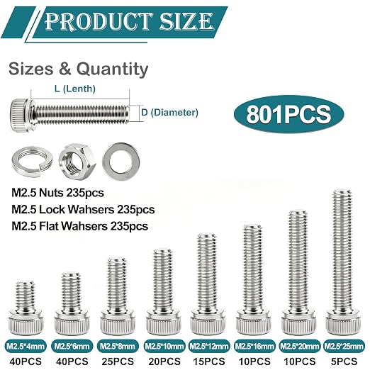 mxuteuk 801PCS M2.5 Screws Assortment Set,M2.5 x 4/6/8/10/12/16/20/25mm M2.5bolts，304 Stainless Steel Hex Socket Head Bolts Nuts Washers Set Suitable for 3D Printer,DIY