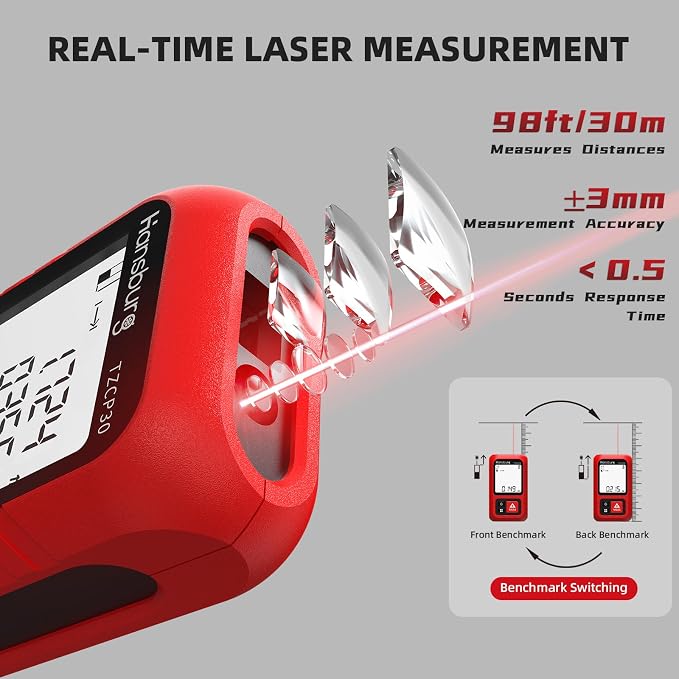Hansburg Laser Measurement Tool 98 Ft / 30m 8-in-1 Modes Digital Laser Tape Measure Portable Chargeable Medidor Laser for Length, Area, Wall Area, Volume and 4 Pythagorean Modes with IP65 Waterproof