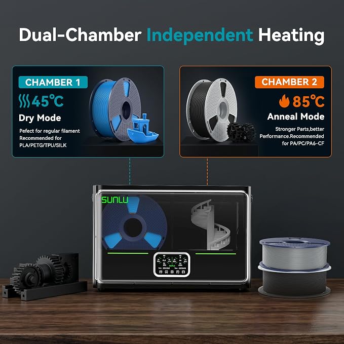 SUNLU S4 Pro 3D Printer Filament Dryer Box, Upgrade Filadryer S4 (Black) | Dual-Chamber Independent Heating, 85℃ Max Temperature, Dry and Anneal 2-in-1, PLA ABS PETG PA PC Filament Dryer Box