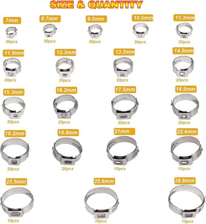 AKIHISA 420Pcs 20 sizes Single Ear Hose Clamps, 7-28.6mm 304 Stainless Steel Pex Crimp Rings Kit, Crimp Hose Clamp Assortment Set for Securing Pipe Hoses and Automotive Use