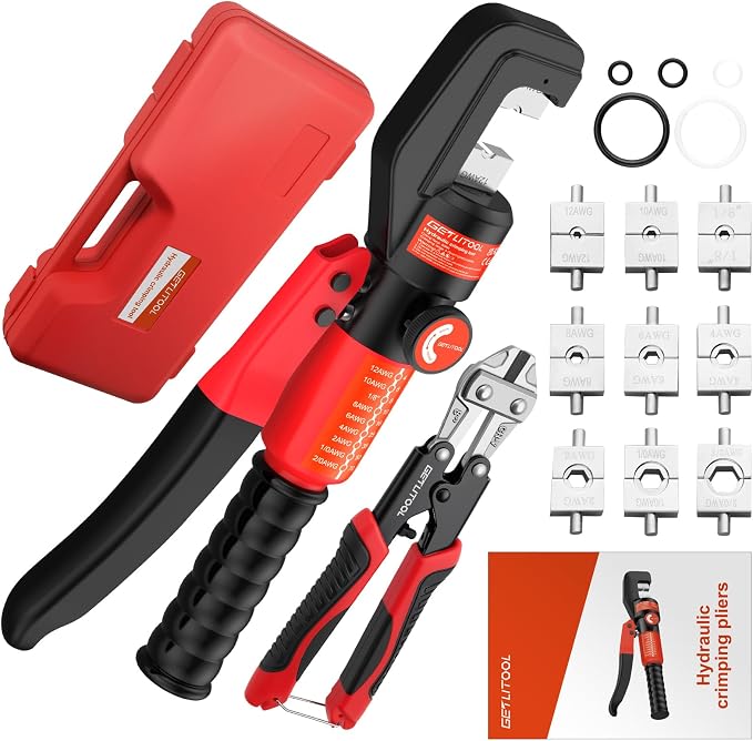 GETLITOOL 8-Ton Hydraulic Crimping Tool Kit with 9 Dies & Wire Cutter, Heavy-Duty Hydraulic Crimper for Battery Cables, Lugs, and Terminals for Electrical, Solar, and Automotive Applications