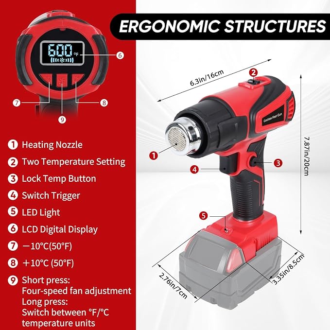 Cordless Heat Gun Compatible with Milwaukee M18 Battery, Fast Heating Variable Temp (122°F~1112°F) Hot Gun LCD Display and 4 Nozzle for Shrink Tubing, Resin, DIY(No Battery, Not Made by Milwaukee)