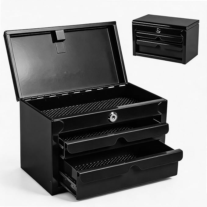 BIG RED Mini Steel Tool Box with Drawer, Small Metal Tool Box Organizer | Lockable Top Storage, Multi-Purpose Portable Tool Box Organize for Desk, Home, Garage, desk or Workbench, Black