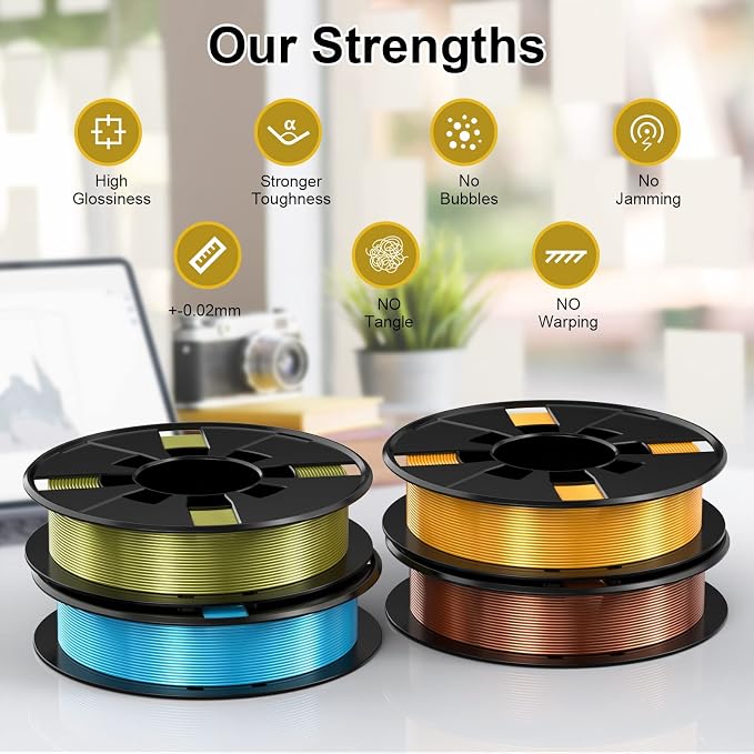 ENTINA 4 Colors Silk Shiny 3D Printer Filament Bundle, PLA Filament 1.75 mm for 3D Printers, Dimensional Accuracy +/- 0.02 mm, 200g x 4 Spools Set