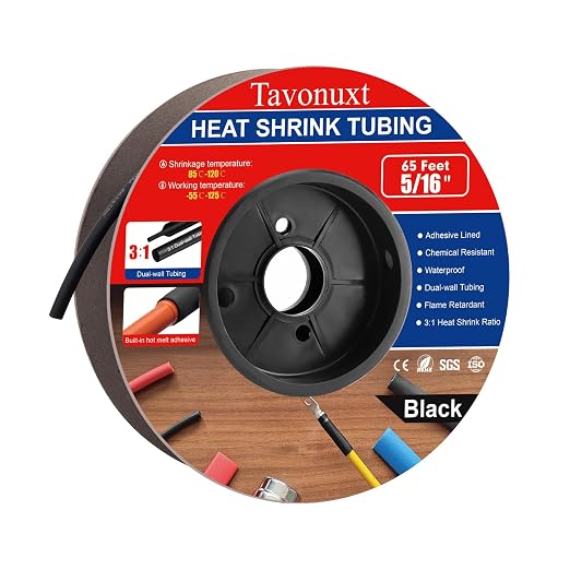 5/16" 65ft 3:1 Heat Shrink Tubing with Adhesive Lining - Marine Grade, Ideal for Home, Automotive, and Industrial Use - Black