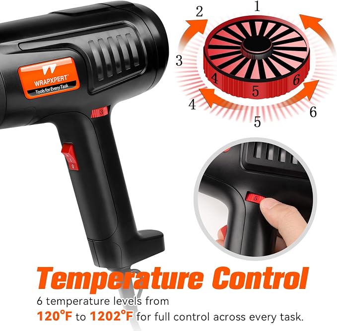 WRAPXPERT Heat Gun for Vinyl Wrap 1600W 122℉-1202℉ with 2 Air Speeds Variable Temperature, Fast Heating Heavy Duty Hot Air Gun for Car Wrap, Window Tint, Crafts, Shrinking Tubing, Stripping Paint