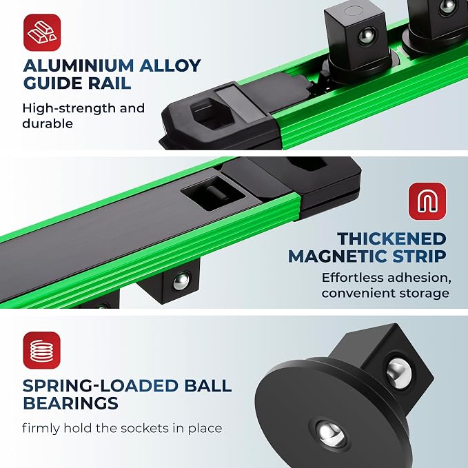 Reniteco Magnetic Socket Organizer Set, 3PC 1/2-Inch Drive Aluminum Alloy Socket Rail, Heavy Duty Magnetic Socket Holder for Tool Box Drawer, 360° Swivel Socket Rack, 1/2" x 36 Clips, Green