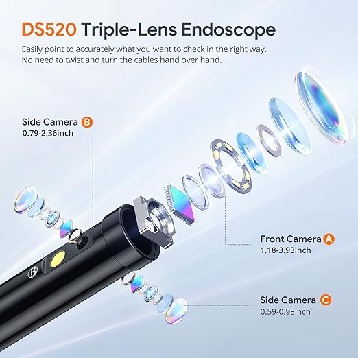 DEPSTECH 50FT Endoscope Camera with Light: Triple Lens 5" IPS Screen Sewer Inspection Camera, 1080P Industrial Borescope, Split Screen, Semi-Rigid Cable, Waterproof Drain Pipe Tool, Carrying Case