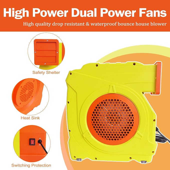 Bounce House Blower, Dual - Mode 1800W / 2200W, 2.5HP & 3HP Dual Speed Commercial Air Blower with Great Heat Dissipation Properties, Super Strong Wind for Bouncy Castle, Jump Slides, Inflatables