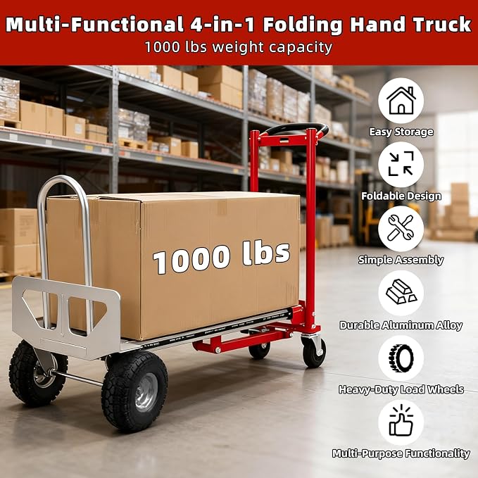 Aluminum 4 in 1 Convertible Hand Truck Dolly, 1000Lbs Capacity, Heavy Duty Folding Hand Truck Dolly Cart with Wheels 10" All-Terrain Tires, Hand Trucks for Logistics, Home, Office, School, Red