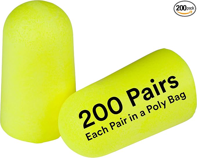 3M Ear Plugs, E-A-Rsoft Yellow Neons 315-1251, 200 Pair of Disposable Earplugs, Pairs Individually Wrapped, Slightly Longer, Uncorded, 33 NRR, Tapered Cylinder Shape, Slow Recovery Foam