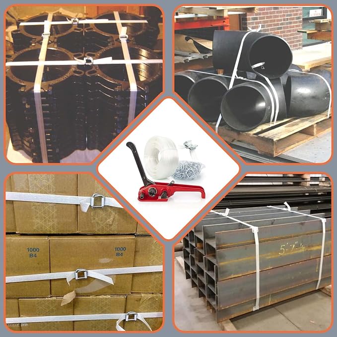 Heavy Duty Packing Strapping kit, Pallet Packing Strapping Tool, 3/4" x 320' Woven Cord Strapping Set, 2000 lbs Break Strength, Metal Buckles, Polypropylene Cord Strapping Tensioner