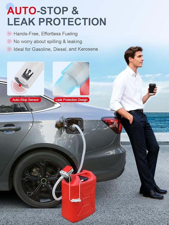 Fuel Transfer Pump 3.2 GPM, Dual Power USB-C & AA Battery, Auto-Stop Gas and Diesel Pump, 51 Inch Hose with 4 Fuel Can Adapters for Easy, Hands-Free Fueling (Red)