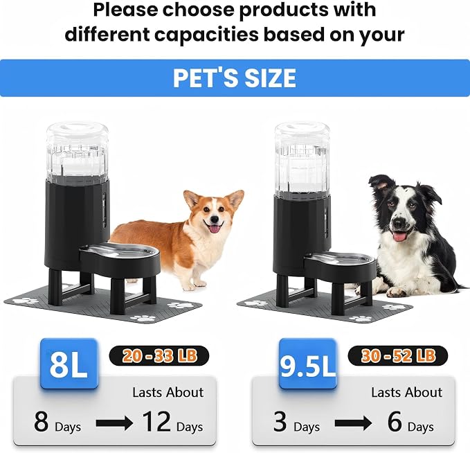 CZPET Elevated Dog Water Bowl Dispenser 8L with Mat for Large Dogs,Tall Raised Pet Waterer Stand,Relieve Neck Pressure,Large Capacity and Drinking Area Noise-Free for Pets (8L+Stand+Mat,Black)