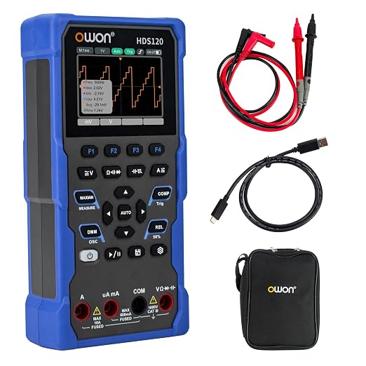 OWON Handheld Oscilloscope, Digital Multi Functional Oscilloscope Multimeters,20000 Counts Portable 2 in 1 Universal Test Instrument, with 2.8 inch IPS Screen Display 1CH 1Mhz Bandwidth HDS120