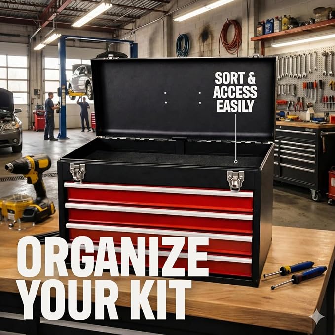 4-Drawer Tool Box with Drawers - Portable Metal Tool Box for Mechanics - Heavy Duty Steel Tool Chest with Locking Latches and Top Storage Compartment, Red/Black