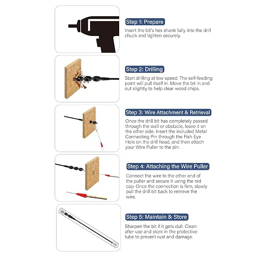 58" Flexible Installer Drill Bit for Pulling Wires in Walls, Ceilings, and Sidewalks, 3/4" Auger with Screw Point & Fish Eye, 1/4" 3-Flat Shank for Wood & Conduits, with Wire Puller & Storage Tube