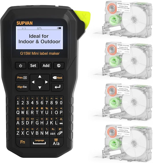 SUPVAN G15M Mini Portable Label Maker Machine with 4 Tapes, Rechargeable 1200mAh Battery Thermal Transfer Printer, Compatible with Multi-Type Label, Home, Garage, Office & Outdoor