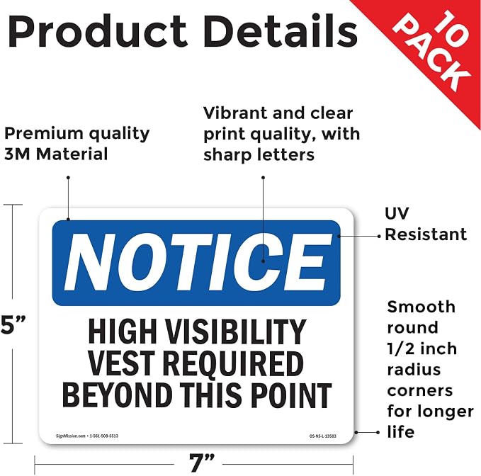 High Visibility Vests Required Beyond This Point OSHA Notice Vinyl Decal Label 7 Inch x 5 Inch - 10 Pack