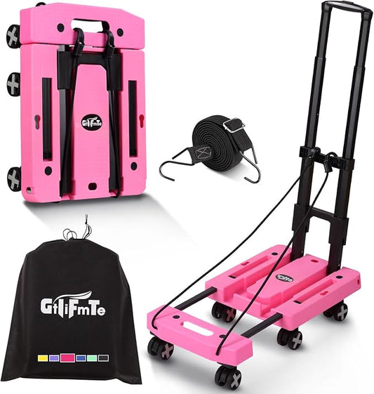 Folding Hand Truck Lightweight Hand Truck Dolly Foldable,Luggage cart with 6 Rotate Wheels, Utility Cart with Adjustable Handle,Collapsible Dolly for Moving (Pink)
