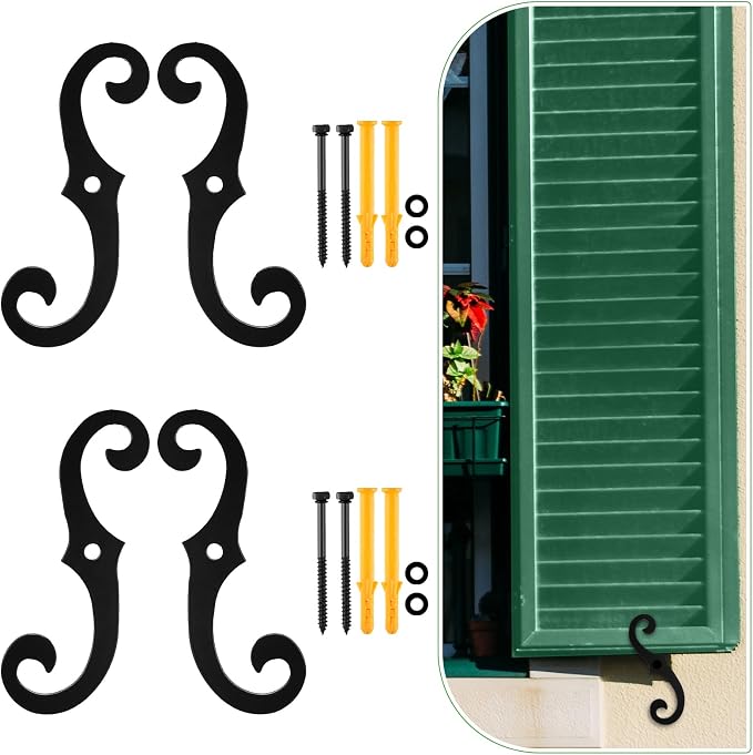MorningRo 4 Pack Black S Style Shutter Dogs 6.5 Inches Shutter Dog Holders with Mounting Hardware External Shutters Tieback for Exterior Decorative (Iron)