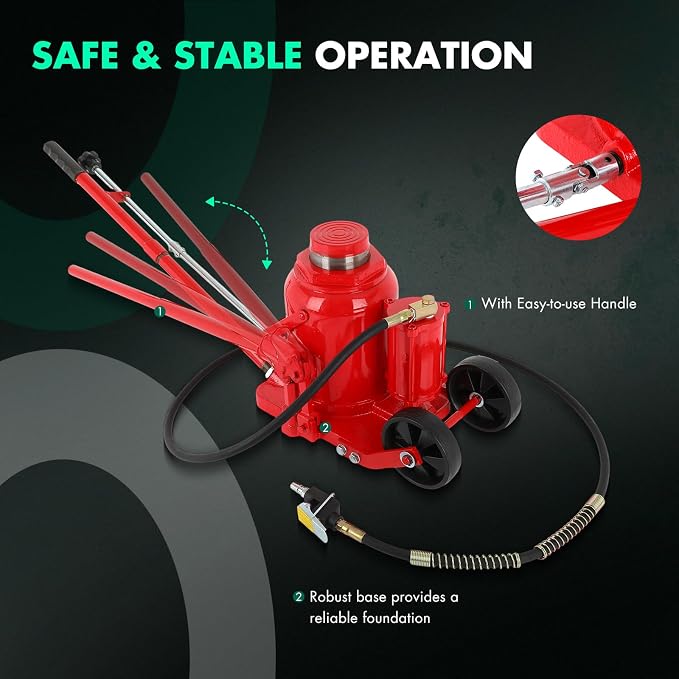 Air Hydraulic Bottle Jack 50 Ton (11 0231 LBS) Pneumatic Bottle Jack Lift Range 27-43cm Air Transmission Jack with Pneumatic & Manual Hand Pump, for Pickup, Truck, RV, Auto Repair, Red