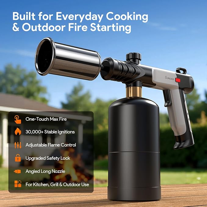 Propane Torch Gun, 30,000 Stable Ignition Kitchen Blow Torch with One-Touch Max Fire, Safety Lock & Adjustable Flame, Propane Torch Head for Searing Steak, Grill, BBQ, Charcoal Starter, Campfire