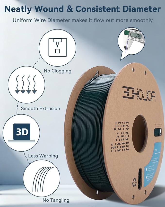 3DHoJor PLA Filament 1.75mm,3D Printer Filament,1kg Cardboard Spool (2.2lbs),Dimensional Accuracy +/- 0.03 mm,Odor Free, Clog Free, No Brittle Filaments, Fit Most 3D FDM Printer,Green